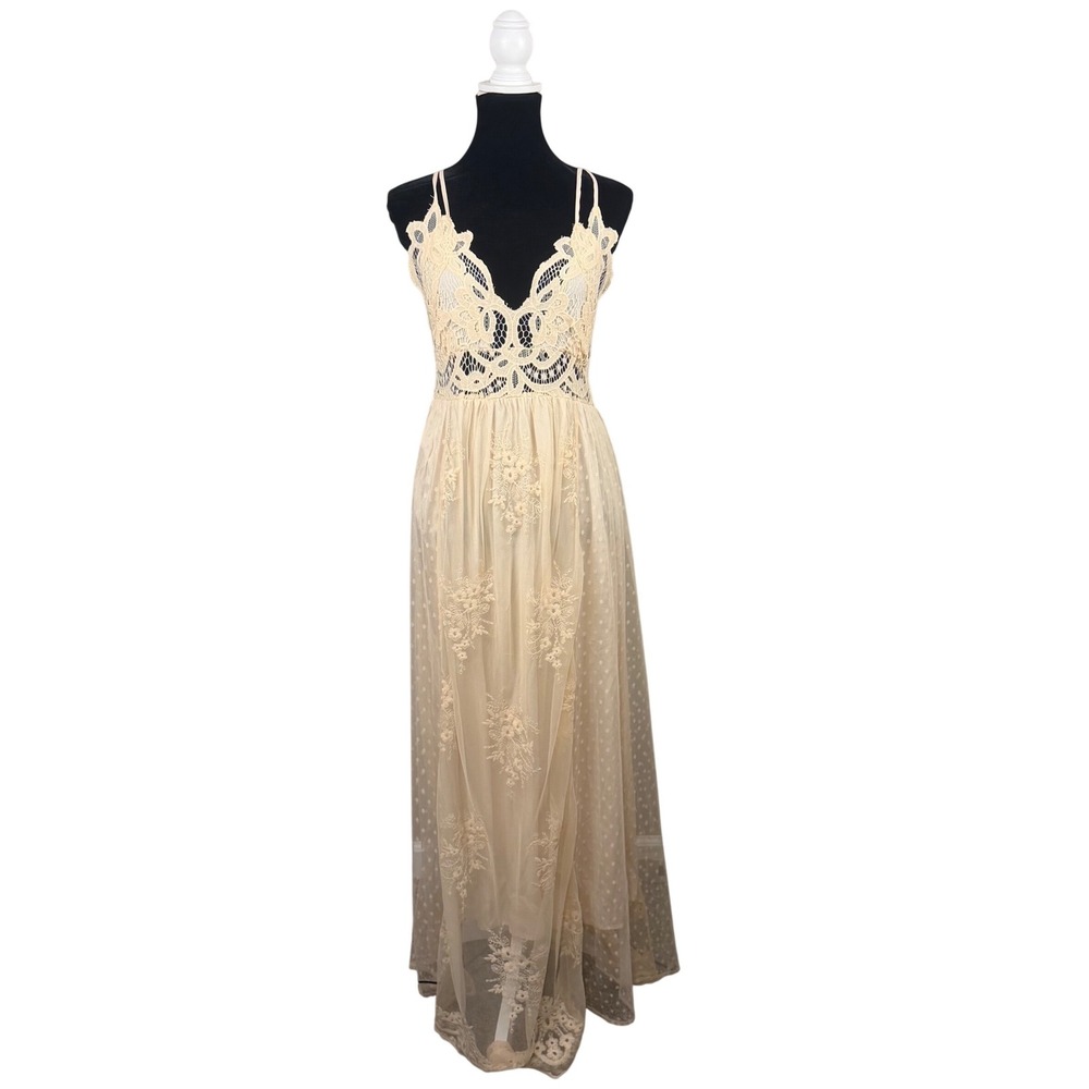 Magnolia Boutique Cream Lace Swiss Dot Maxi Dress Boho Embroidery Large